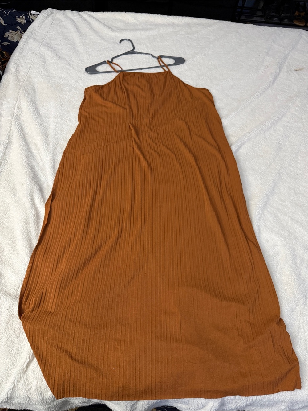 Sleeveless Rust Maxi Slip Dress with Ribbed Texture